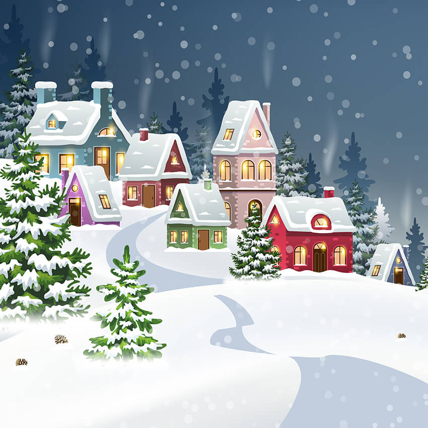 Snowy Winter Little Houses Christmas Backdrop D956 – Dbackdropcouk