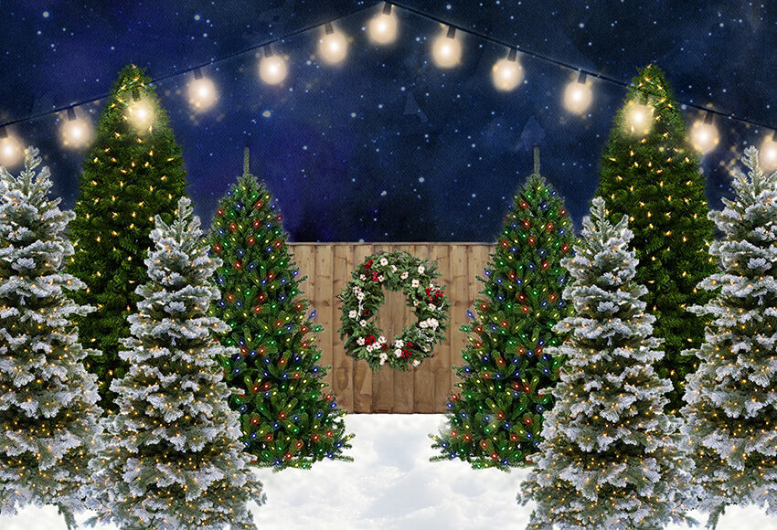 Christmas Tree Wood Door Lights Backdrop