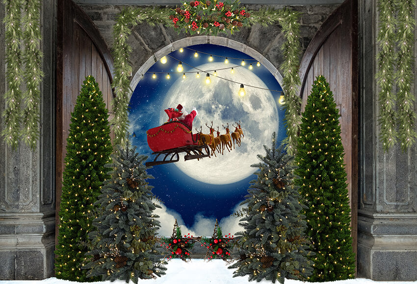 Santa Claus Elk Moon Christmas Backdrop