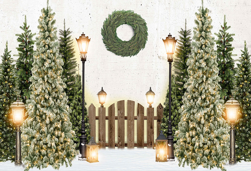 Wood Fence Lights Christmas Tree Backdrop