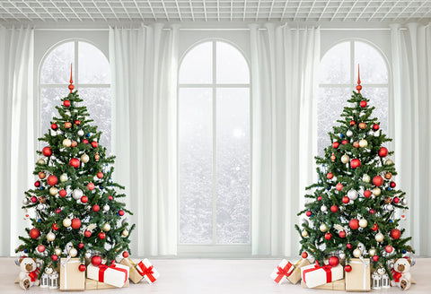 Christmas Tree Gift Box Window Snow Backdrop
