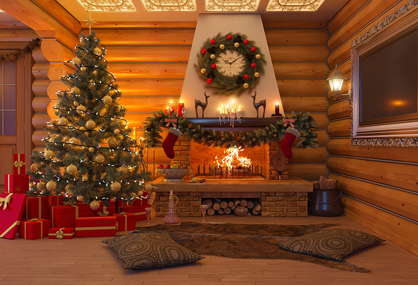 Warm Wooden House Christmas Backdrop