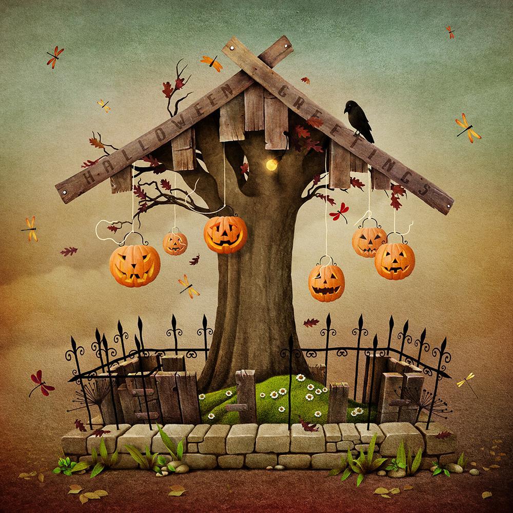 Treehouse Halloween Pumpkin Lanterns Backdrop UK DBD-19090