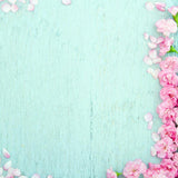 Pink Flowers Cyan Wood Floor Spring Photo Booth Backdrop F-2362