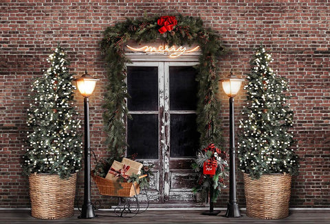 Brick Wall Background Christmas Trees backdrop UK for Merry Christmas G-1436