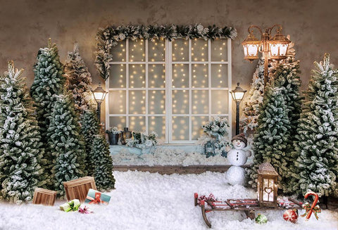 Christmas Trees Snowman Window Decorative backdrop UK for Photography G-1437