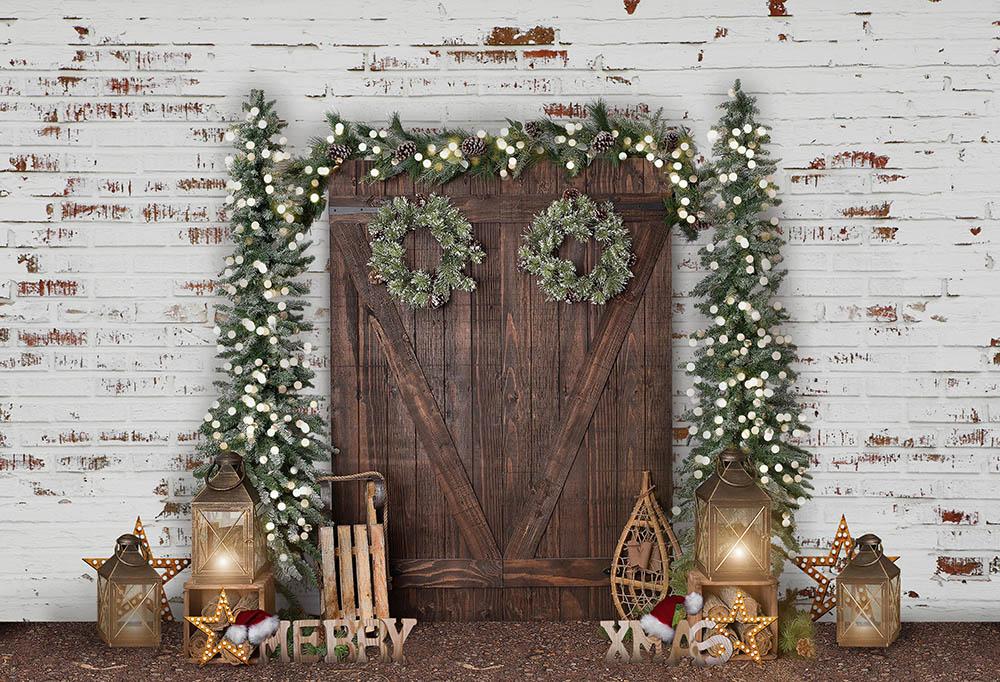 White Wall Wooden Door Christmas Background for Decoration G-1474