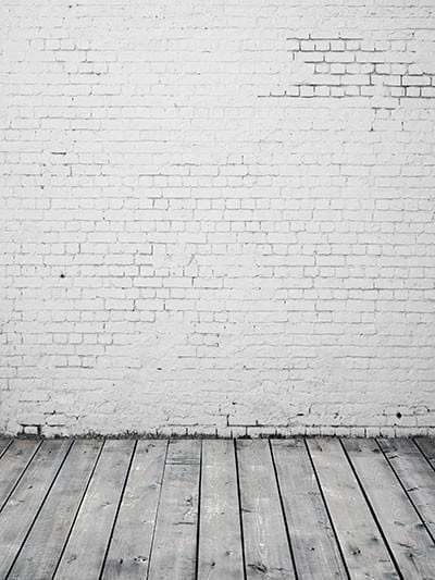 White Old White Brick Wall With Wooden Floor Photo Backdrop G-50