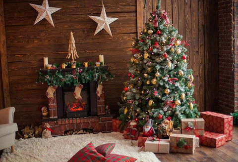 Wooden House Christmas Trees Christmas stockings backdrop UK GX-1049