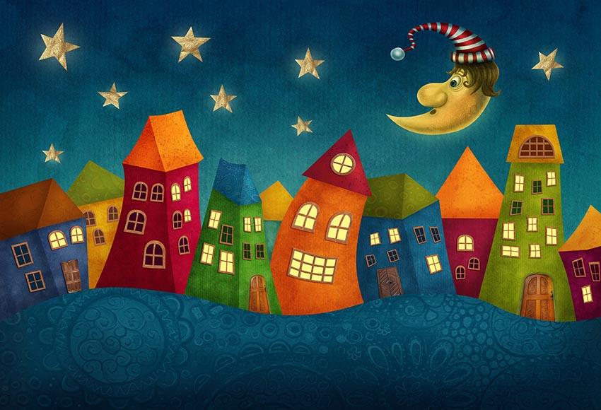 Cartoon Houses Night Moon Stars backdrop UK GX-1100