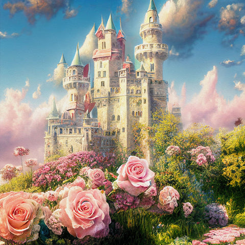 Fantasy Garden Castle Flowers Clouds Backdrop UK M-39