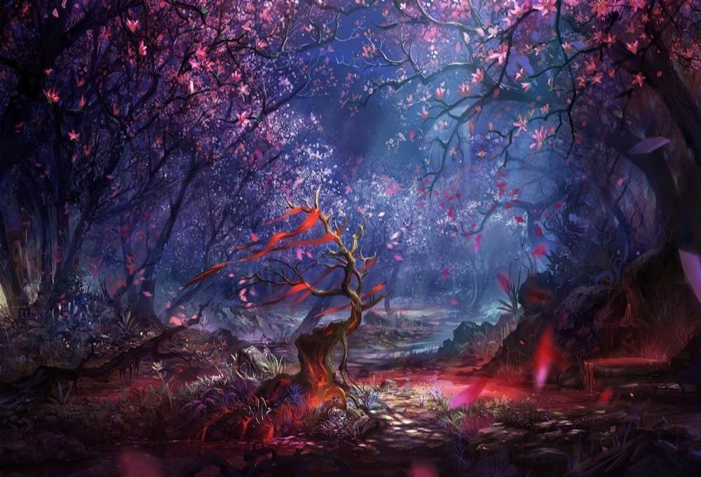 Forest Nature Flying Petals Beautiful Tree Fantasy Scenery Backdrop