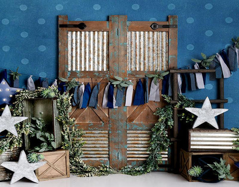 Cute Vintage Wooden Door Blue Background for Newborn Photography NB-456