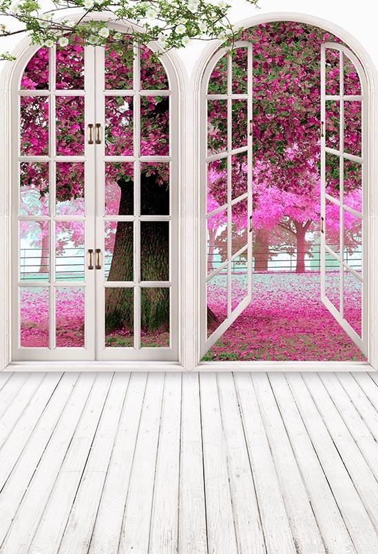 White Window Pink Flowers Tree Scennery Backdrops for Photo Studio S-3048