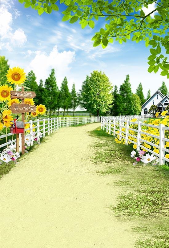 Happy Farm Sunflower Garden View Photography Backdrop S-3104