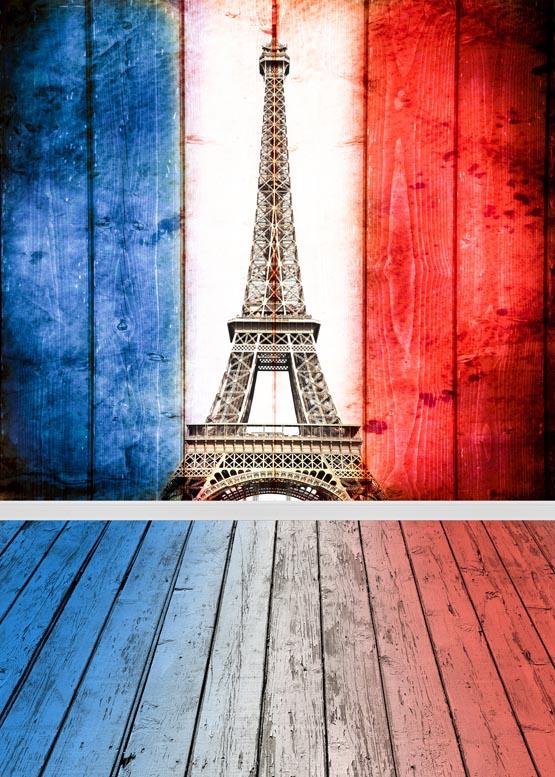 Paris Eiffel Tower Blue and Red Wood Floor Backdrop for Photograohy S-924