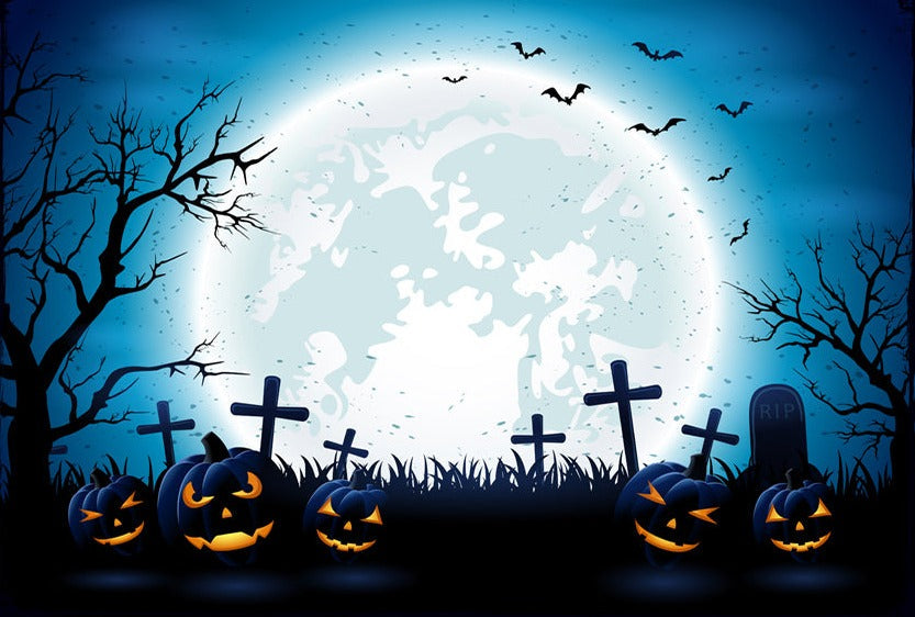 Halloween Night  Blue Moon Pumpkins Photo Backdrop