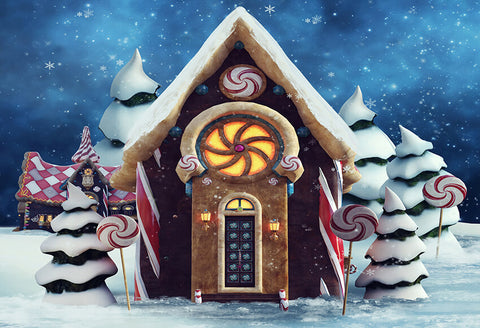 Christmas Tree Candy House Winter Snow Backdrop for Photography UK