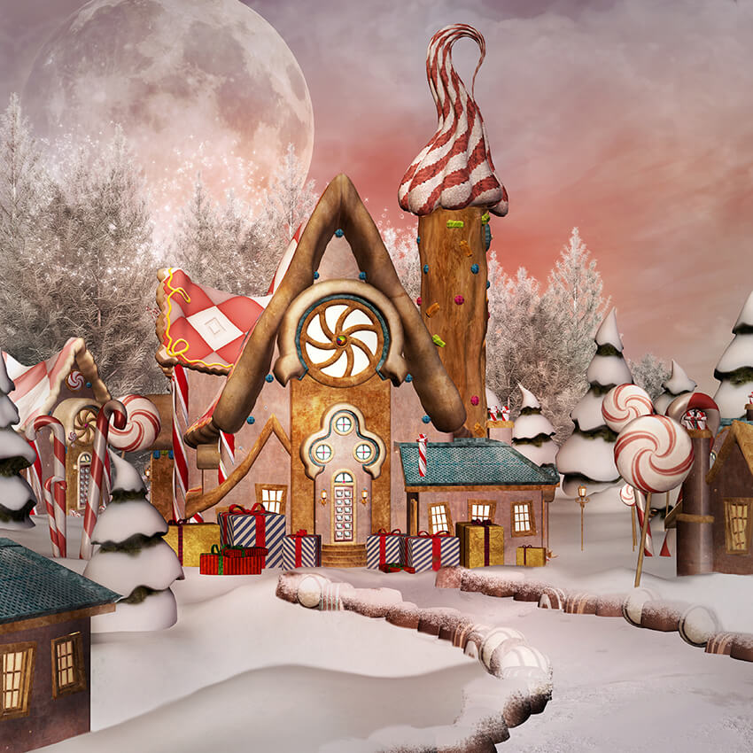 Xmas Gingerbread Snowy Village Backdrop for Photography