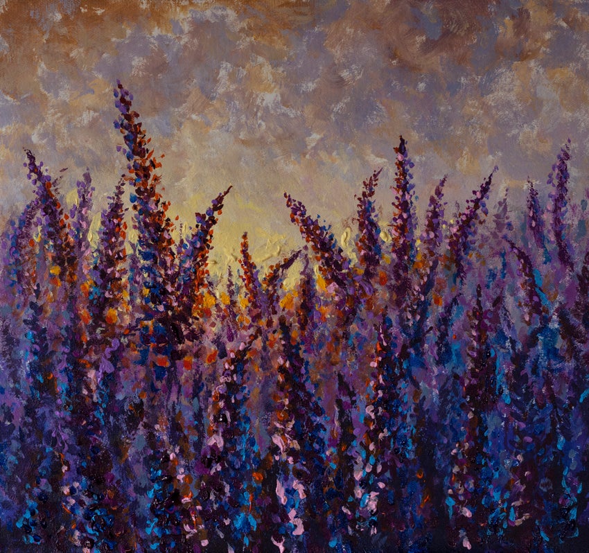 Purple Lavender Sway in Dusk Sunset Artistic Oil Painting Backdrop