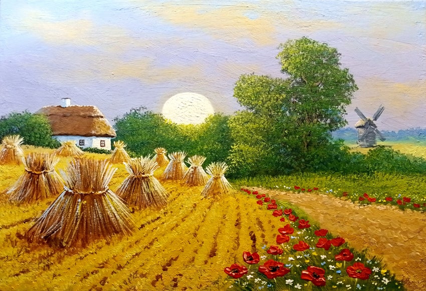 Rural Village Field  Red Flowers Photo Backdrop