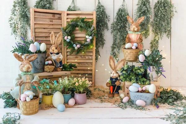 Easter Eggs Rabbit White Wood Photo Booth Backdrop SH598