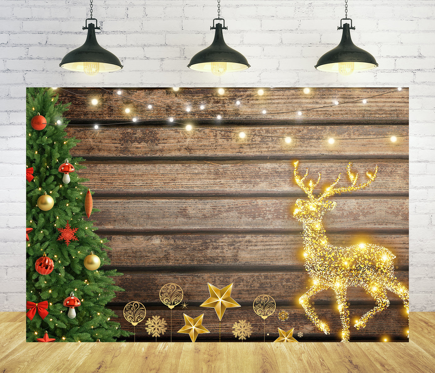 Christmas Tree Sparkling Light Elk Wood Backdrop TKH1559