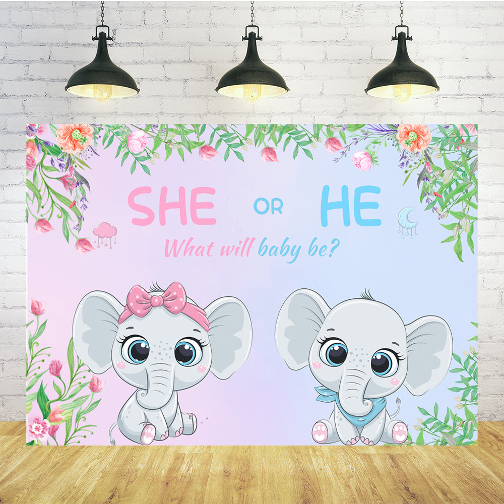 Elephant Flowers Custom Gender Reveal Backdrop TKH1530