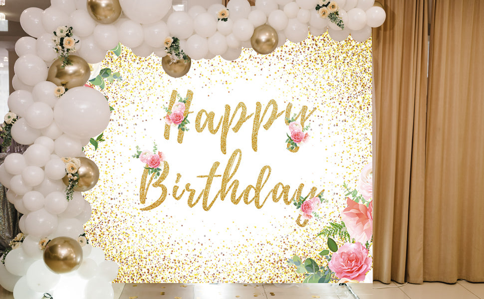 Flowers Gold Dots Birthday Photography Backdrop TKH1532