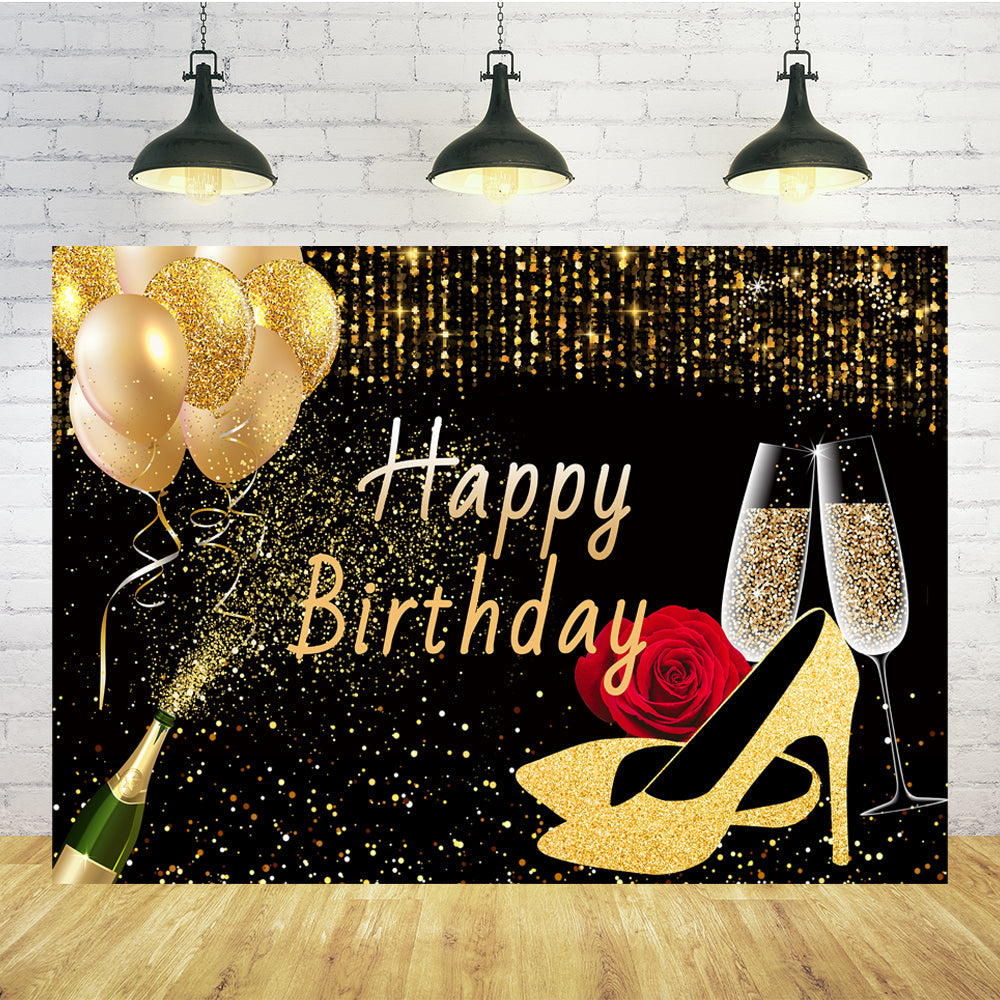 Gold Heels Balloons Champagne Birthday Backdrop TKH1542 – Dbackdropcouk