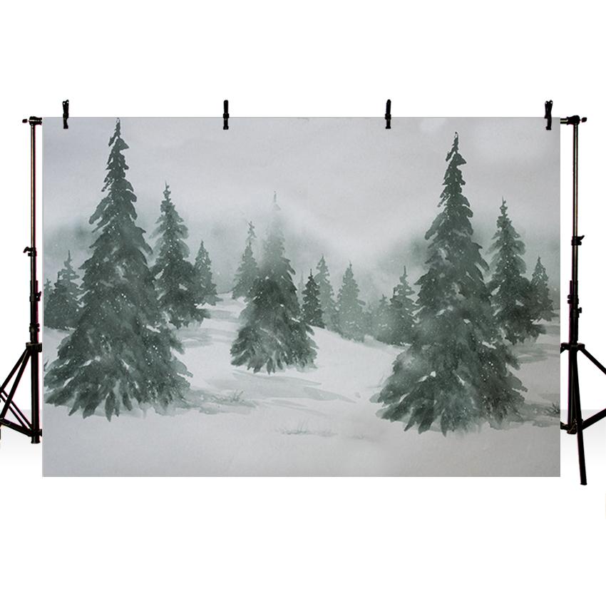 Christmas Trees Painting backdrop UK Snow Fir Trees Background for Photography ZH-147