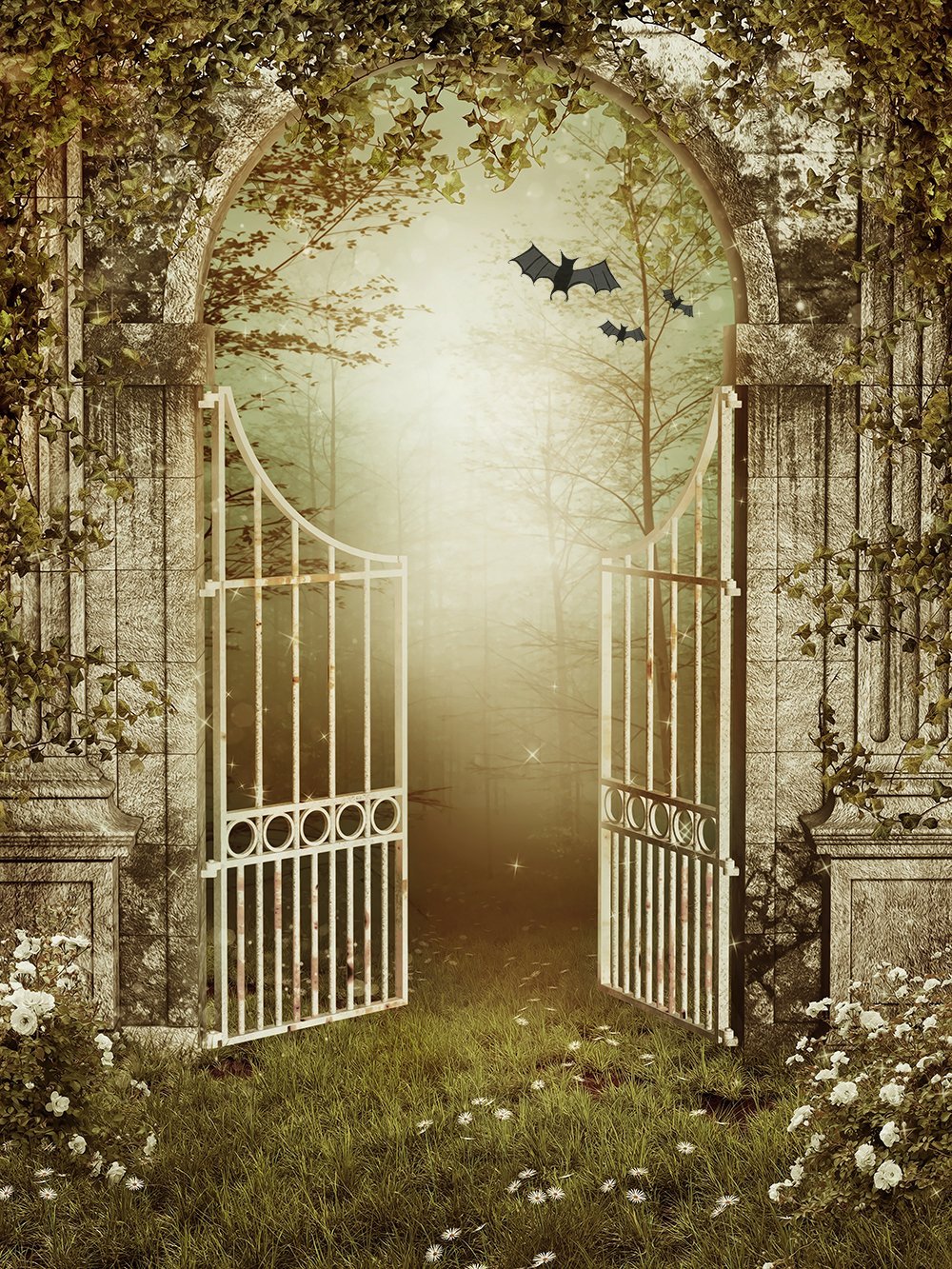 Flying Bats Background Iron Gate Backdrop UK Halloween Festival Backdrop UK  DBD-P19083