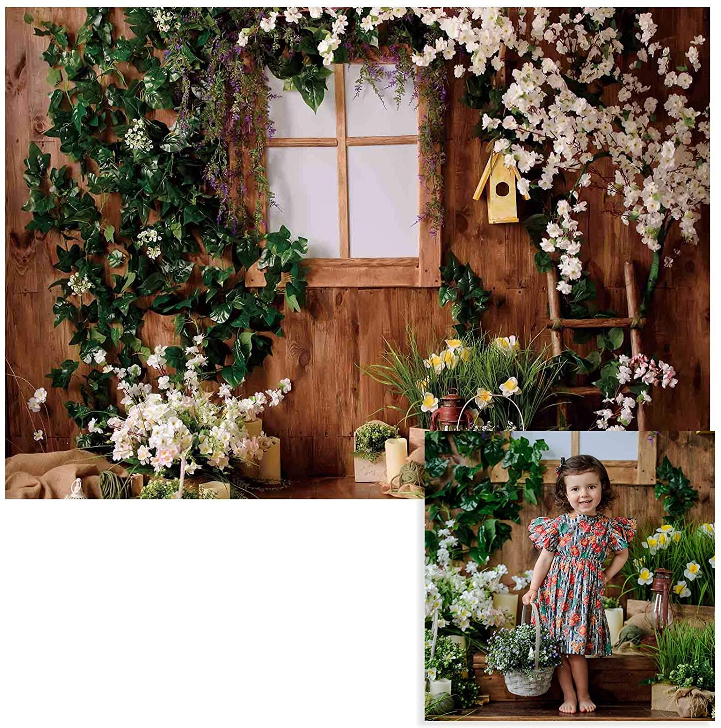 Spring White Flowers Wooden House Photo Backdrop  GC-201