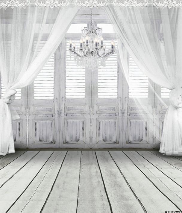 White Retro Wood Door Window Curtain backdrop UK for Photo Shoot CM-6259