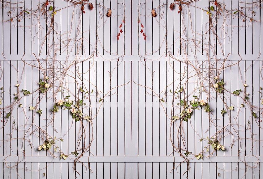 White Wooden Fence Twined with Roses Backdrop for Photography