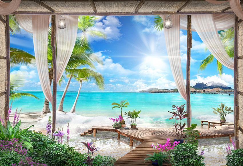 Beach Blue Ocean Seaside Scenery Photography Backdrop LV-868