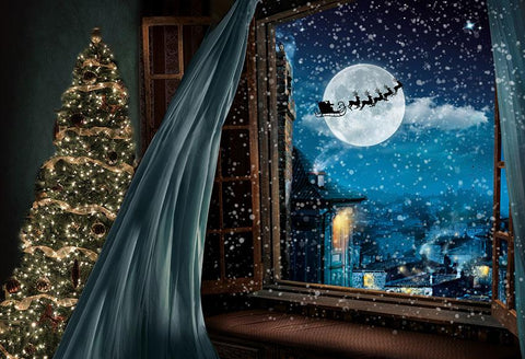 Christmas Eve Santa Elk Window Decoration UK Backdrop for Photography LV-999