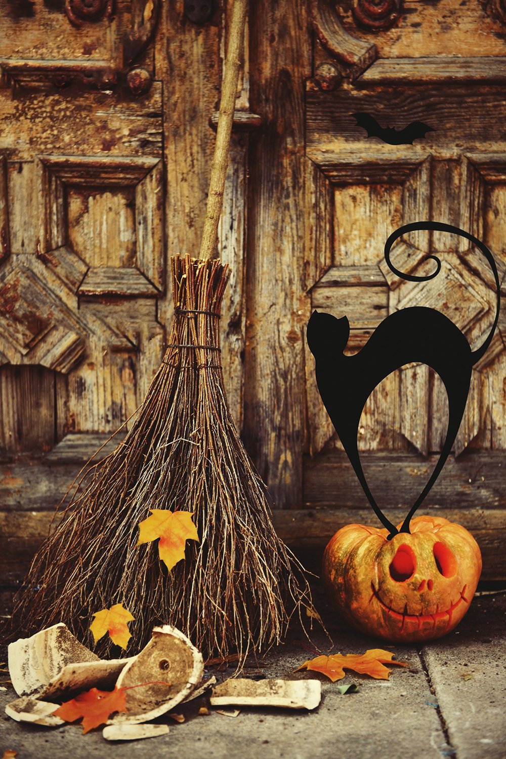 Halloween Broom Pumpkin Old Wood Door for PhotographyDBD-P19075