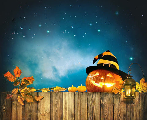 Wood Fence and Pumpkin Lanterns Background Halloween Backdrops IBD-H19109