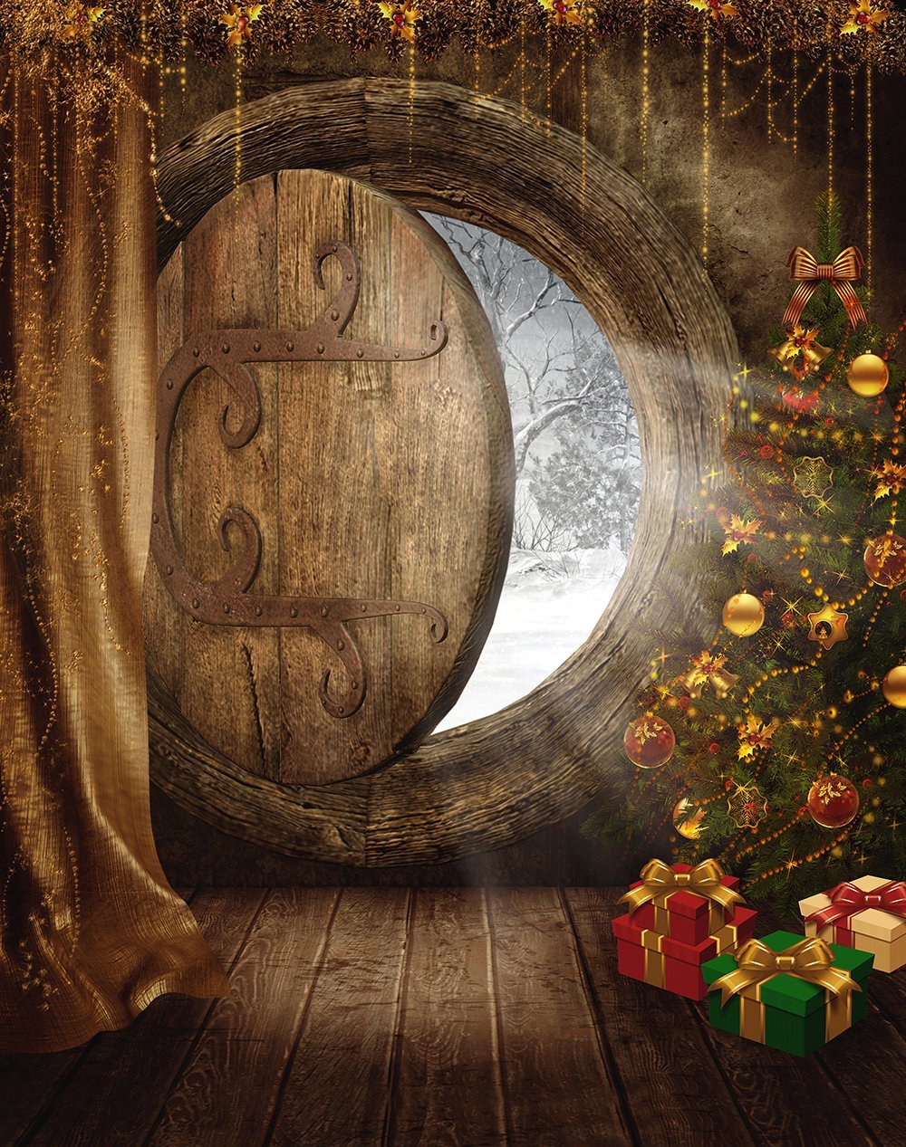 Christmas Wood Door Gifts Backdrop for Photo Studio DBD-P19194